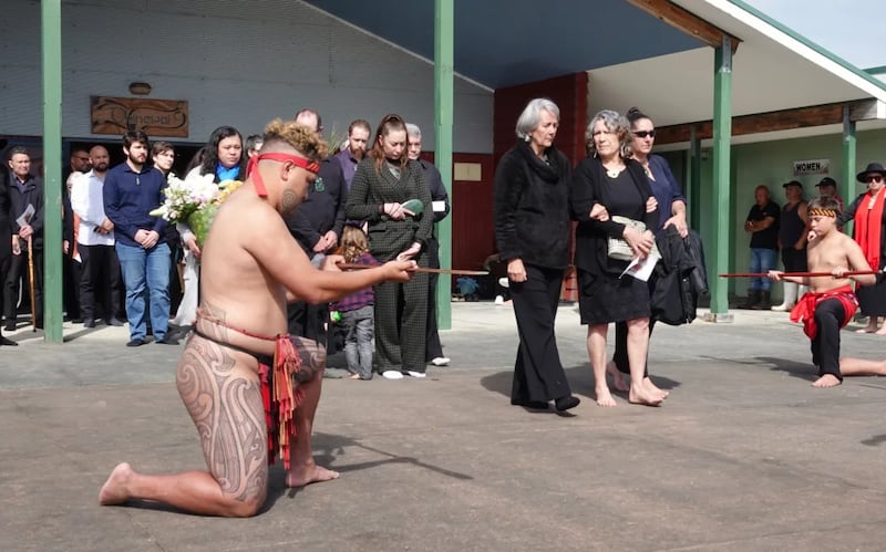 Members of Tā Patu Hohepa's whānau leave Otātara marae as his tangi ends.