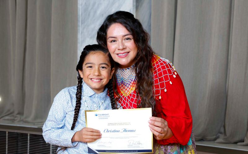 Christina Dawa Kutsmana Thomas and son Jace Naki’e at Fulbright New Zealand Mid Year Awards Ceremony, Parliament, Wellington, Wednesday 28 June 2023.