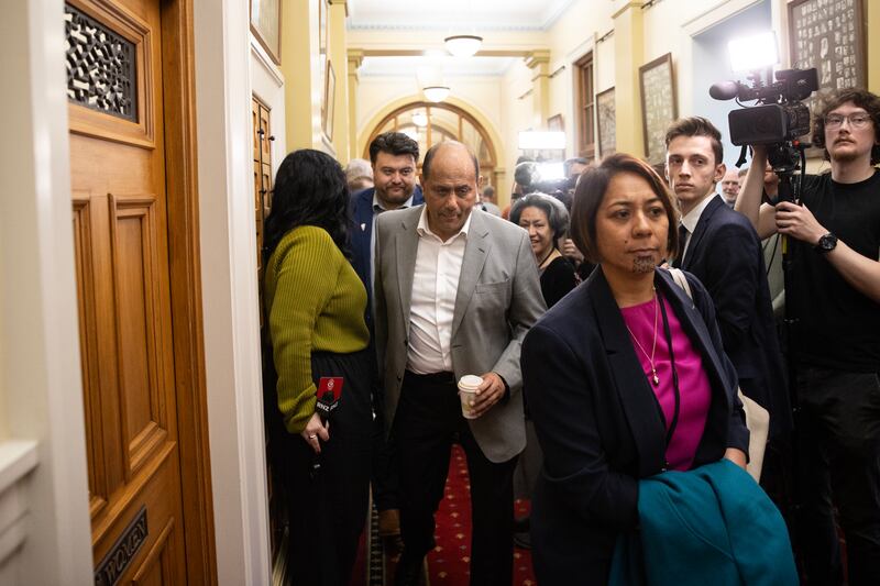 New Labour MP for Ikaroa-Rāwhiti Cushla Tangaere-Manuel on her first day in Parliament, with Willie Jackson to her left.
