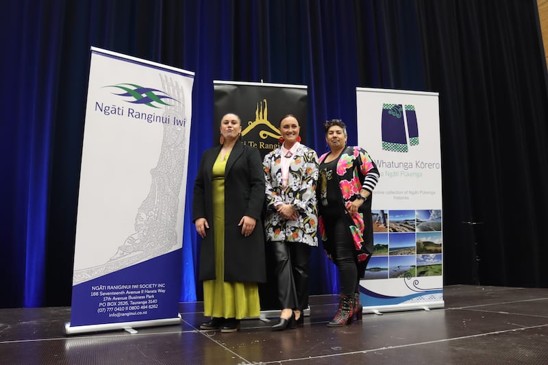 Project lead for Ngāti Ranginui, Toni Heke-Ririnui (left), education manager for Ngāi Te Rangi, Arohanoa Mathews and education manager for Ngāti Pukenga, Ngawaiata Sellars at the launch at Baypark.