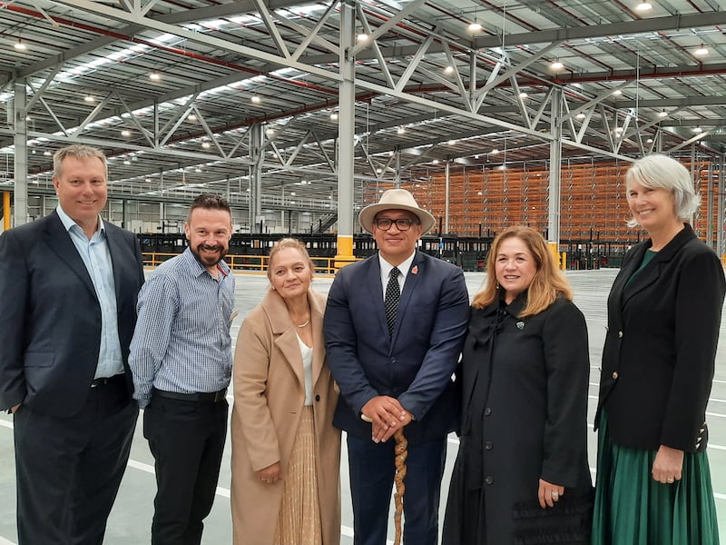 Tainui Group Holdings CEO Chris Joblin, Kmart CEO John Gualtieri, Heeni Katipa representing Kīngi Tūheitia, Tumuaki Hone Thompson, Tainui Group Holdings chair Hinerangi Raumati-Tu'ua and Hamilton Mayor Paula Southgate at the opening of the Kmart Distribution Centre at Hamilton's Ruakura Superhub.