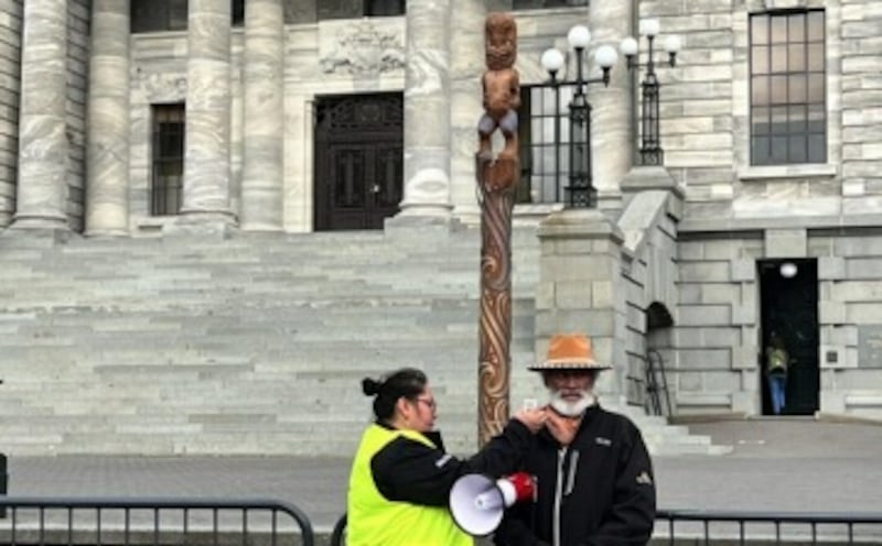 Ngāi Te Rangi Iwi Trust chief executive Paora Stanley (right) at the steps of Parliament.