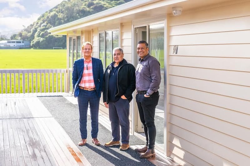 Wirangi Luke, Mark Oldershaw and Henry Ma’Olo outside the Hinerua building at Te Whiti Park in Waiwhetū.