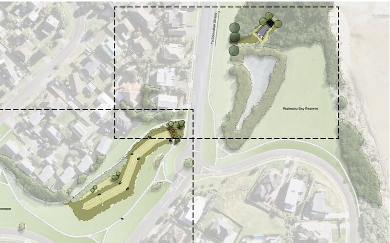 Bottom left: A section of stream under Waimanu Bay Reserve on the eastern side of Te Atatū Peninsula that Auckland council plans to 'daylight'. Top right: The current outfall, where they newly daylighted stream would join the existing outfall after travelling under the road.