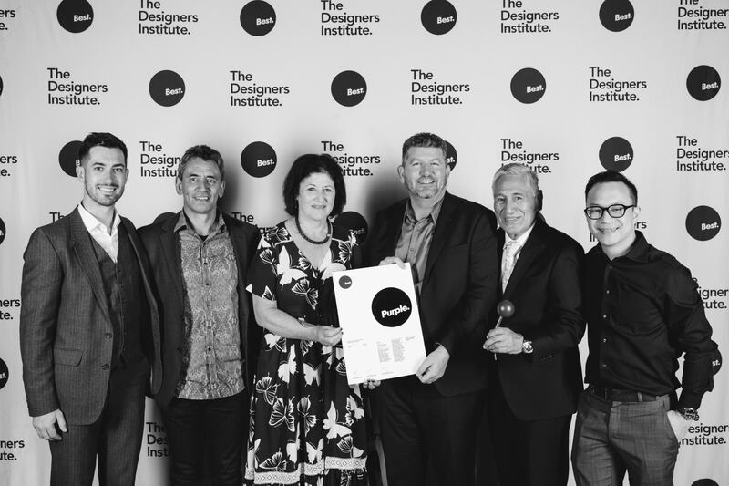 The Designers Institute Awards - from left Andy Florkowski (RCG), Sindu Morrison and Tina Ngatai (Pukeroa Oruawhata), John Lenihan (RCG), Monty Morrison (Pukeroa Oruawhata) and Alex Liang (RCG).