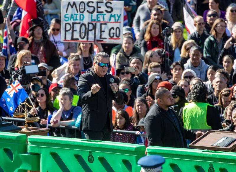 Brian Tamaki during his speech to his followers during the Freedom and Rights Coalition protest at Parliament, Wellington.