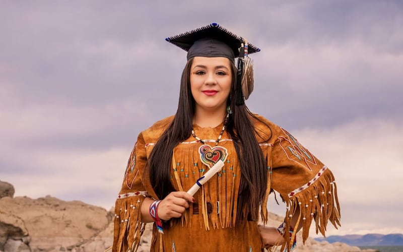 Christina Dawa Kutsmana Thomas, seen here in Northern Paiute regalia, is hoping to revitalise her indigenous language.