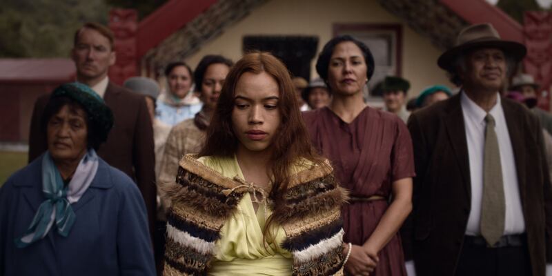 Miriama Smith, Cohen Holloway, Cian Elyse White and Hariata Moriarty at Te Waiiti Marae in a scene from the film Cousins.