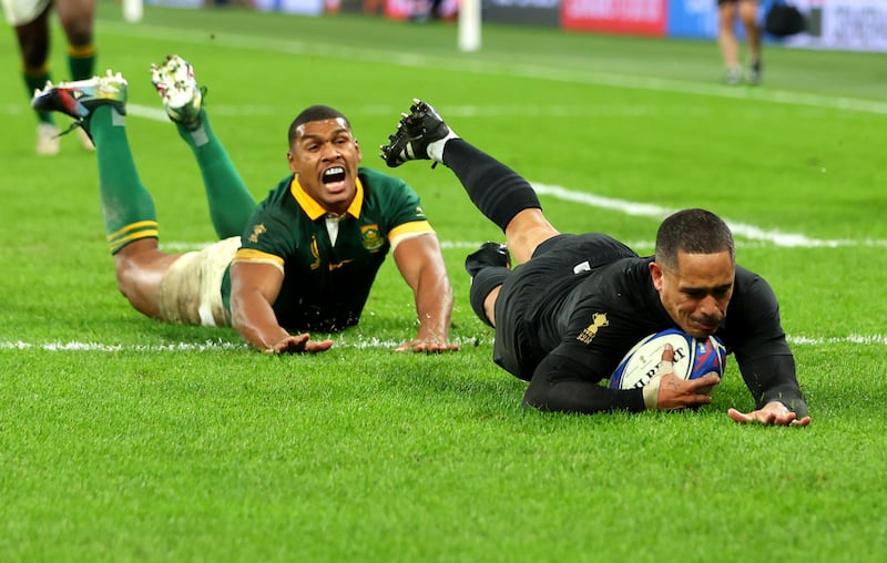 PARIS, FRANCE - OCTOBER 28: Aaron Smith scores a try which is later disallowed by the TMO during the Rugby World Cup Final match between New Zealand and South Africa at Stade de France on October 28, 2023 in Paris, France. (Photo by Chris Hyde/Getty Images)