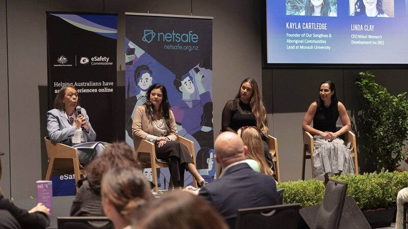 Netsafe poutaki mātauranga Māori and panel moderator Amokura Panoho talks with panellists Kayla Cartledge, Taaniko Nordstrom and Linda Clay.