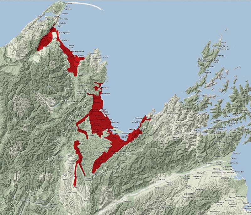 A regional map of Te Tau Ihu/top of the South Island which is an interpretation of early boundaries of the Nelson Tenths and occupation lands. The red section in Mōhua (Golden Bay) includes the rural sections. The red section in Nelson/Tasman includes the suburban and town sections.