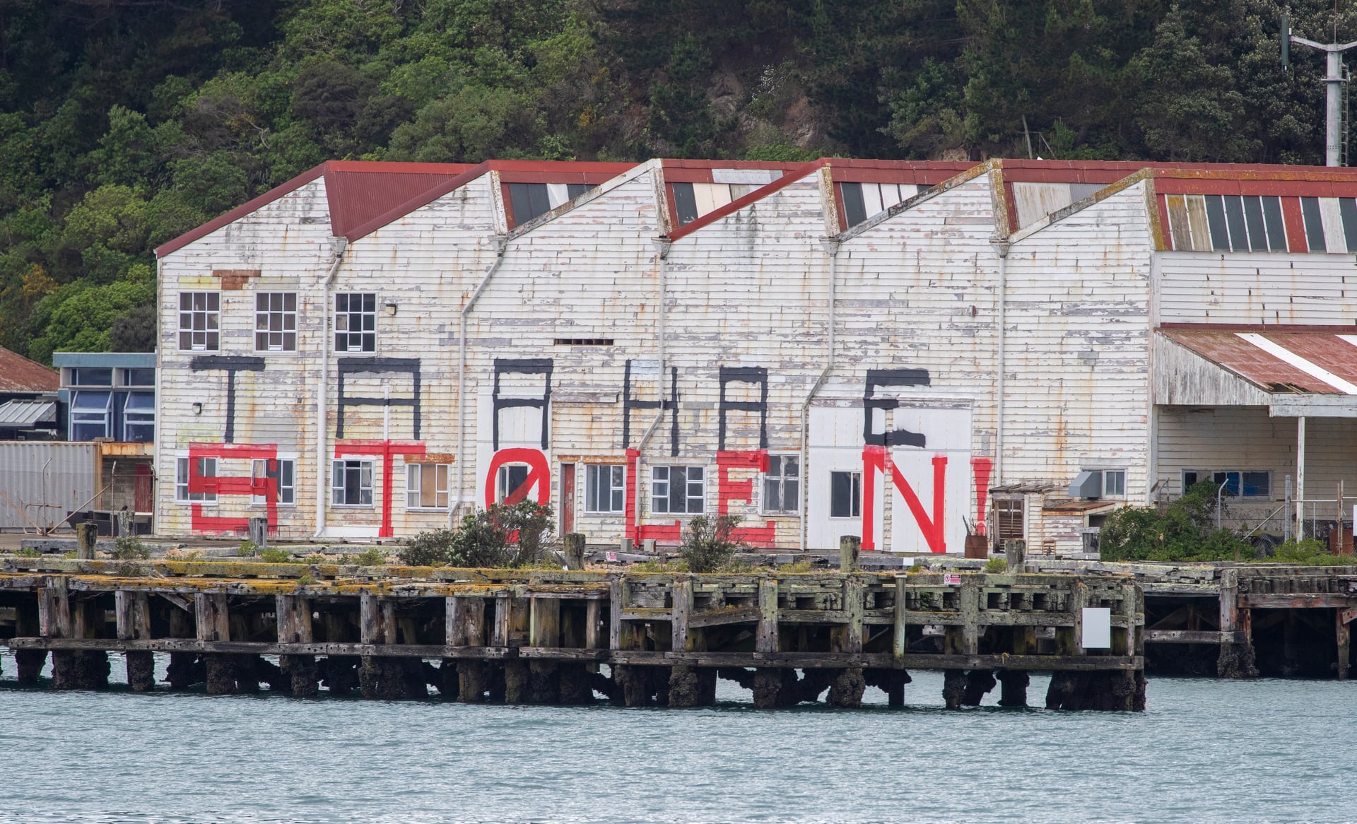 The writing's on the wall of a building at Shelly Bay, Wellington. 18 November, 2021.
