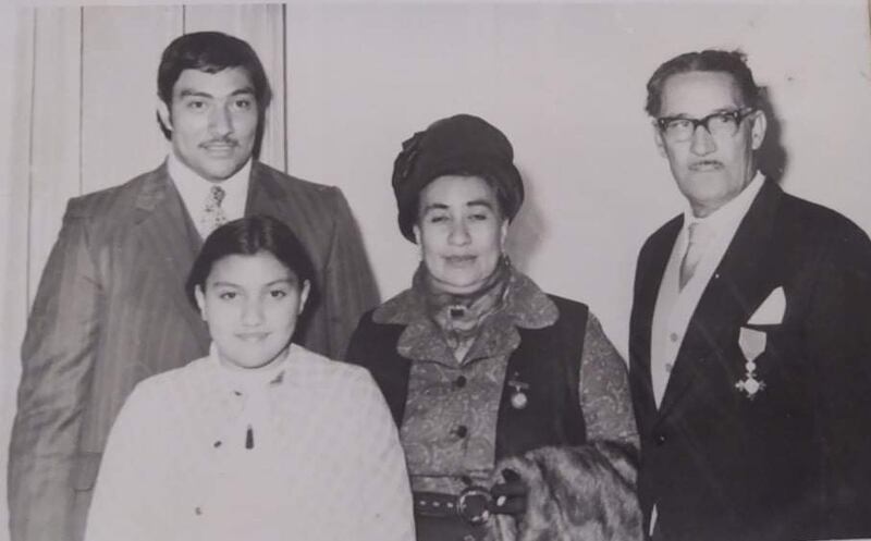 Dad in 1973 receiving his OBE for his services to the Māori people in adult education and community affairs. I'm 10 years old (front), brother Te Whakataroa is 21 with our mother Arohanui te Hau (nee Kawe).